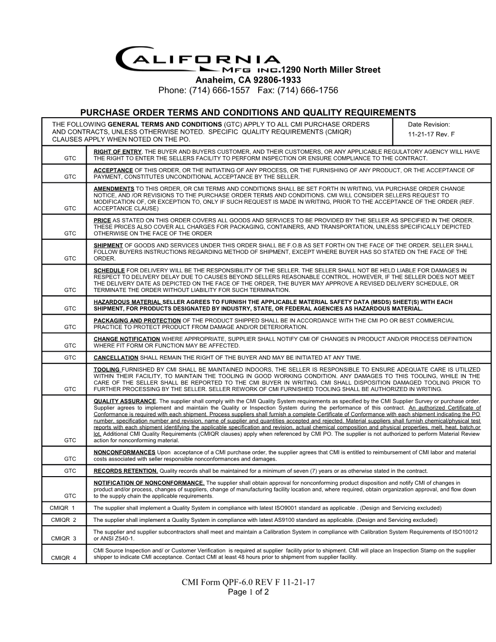 Purchase Order Terms and Conditions and Quality Requirements