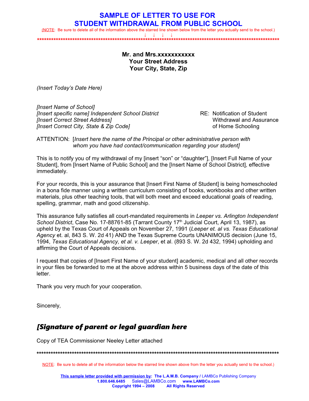 Sample Letter for Student Withdrawal from Public School