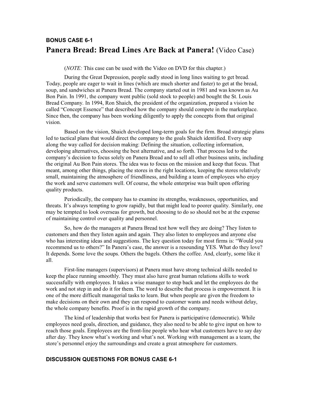 Panera Bread: Bread Lines Are Back at Panera! (Video Case)