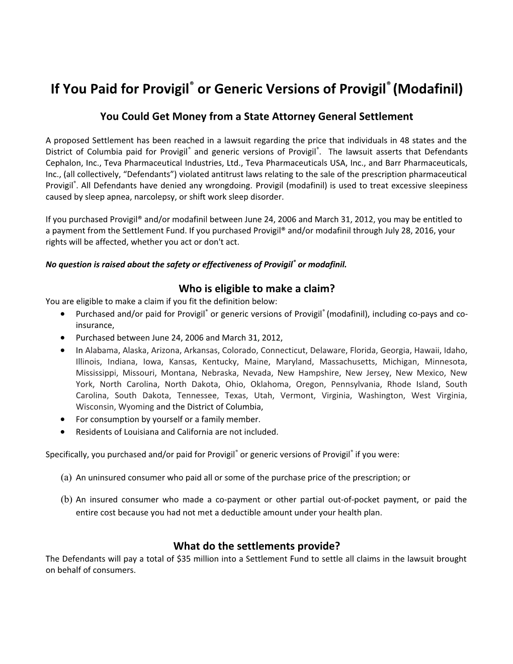 If You Paid for Provigil Or Generic Versions of Provigil (Modafinil)