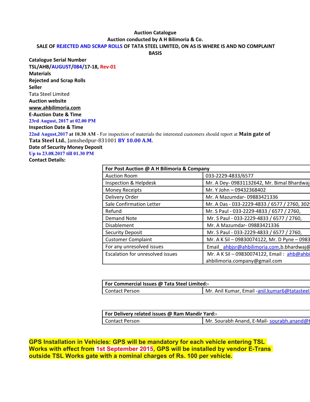 Catalogue Serial Number TSL/AHB/AUGUST/084/17-18, Rev-01