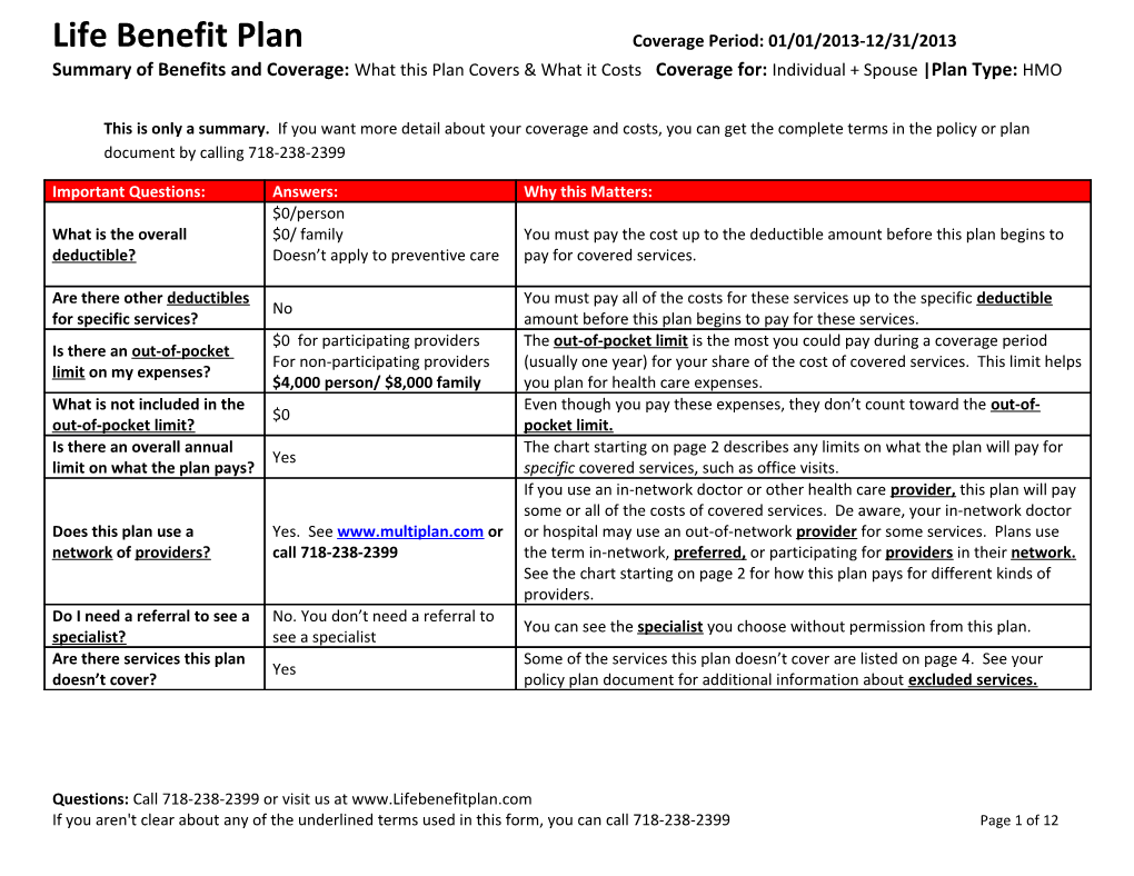 Life Benefit Plan Coverage Period: 01/01/2013-12/31/2013