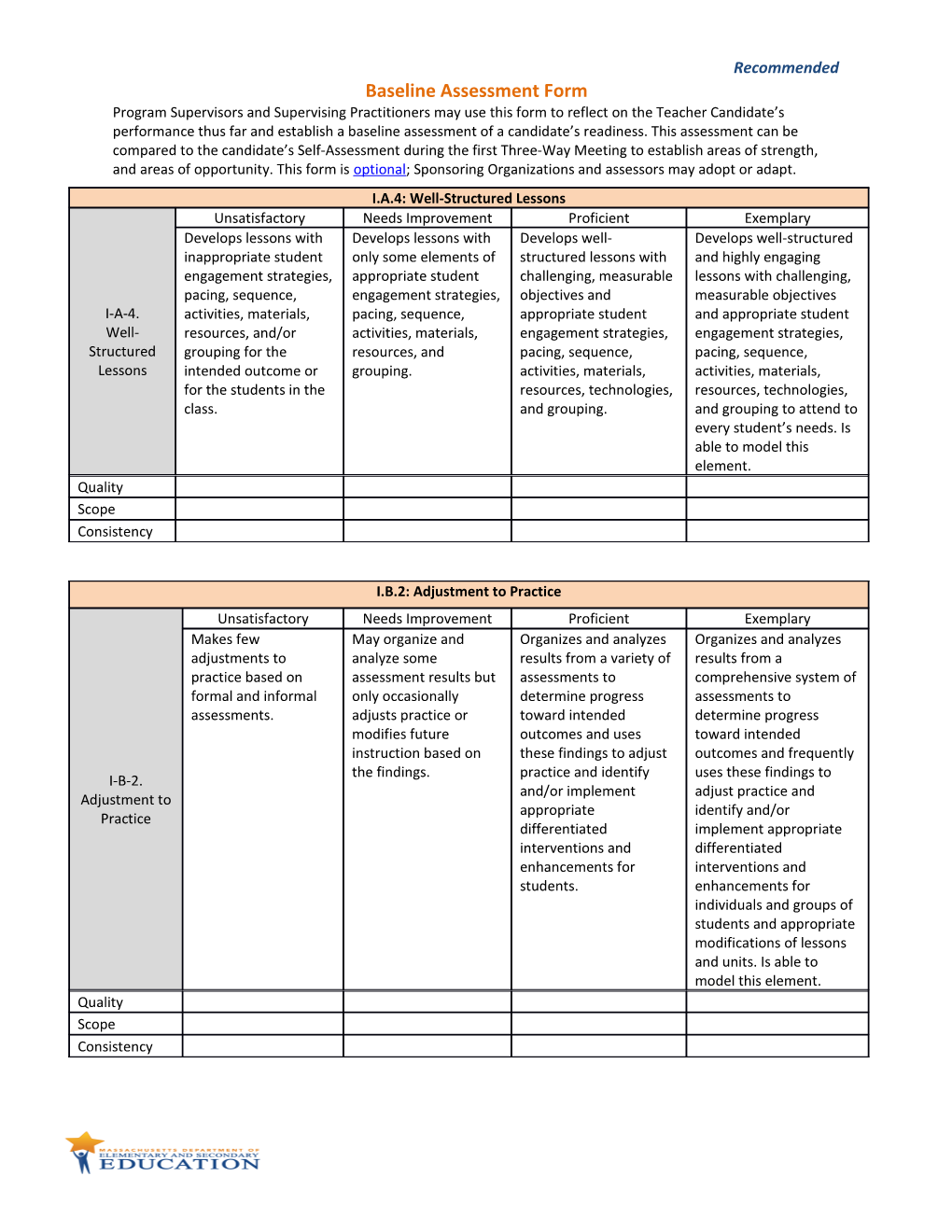 Baseline Assessment Form