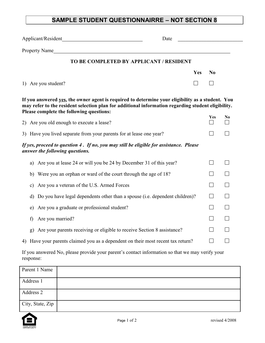 Sample Student Questionnairre Not Section 8