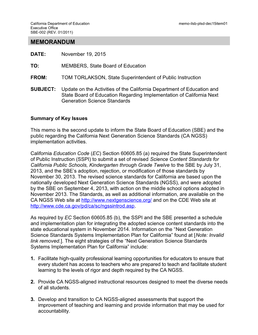 December 2015 Memo PLSD Item 01 - Information Memorandum (CA State Board of Education)