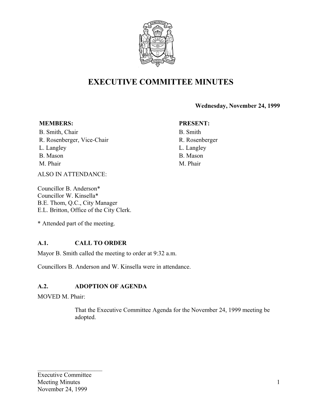 Minutes for Executive Committee November 24, 1999 Meeting