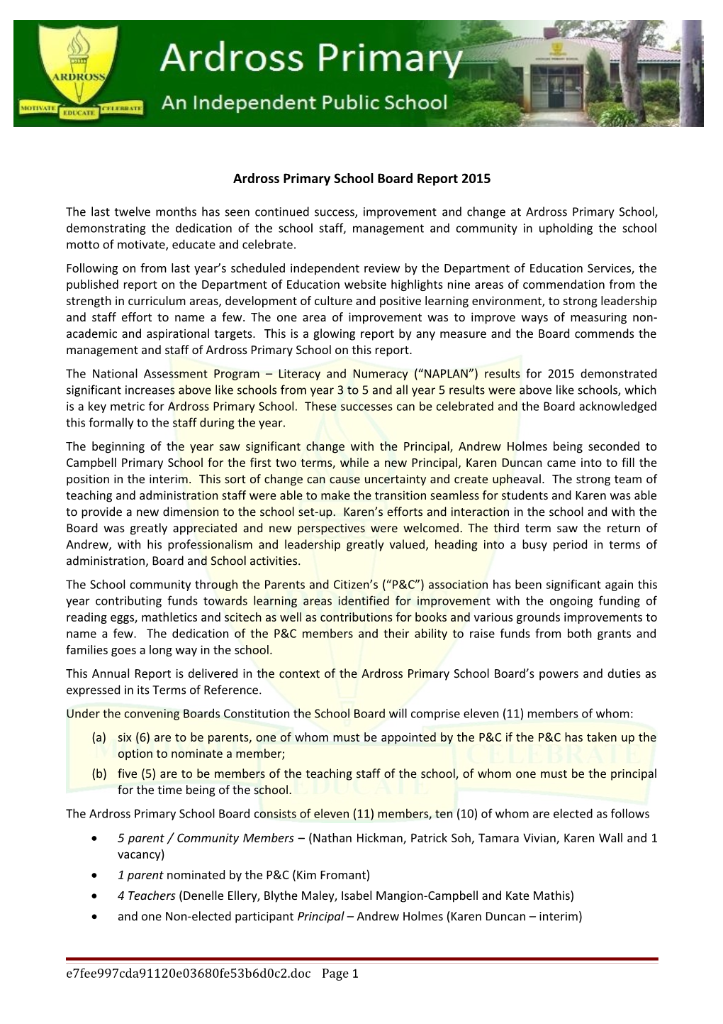 Ardross Primary School Board Report 2015