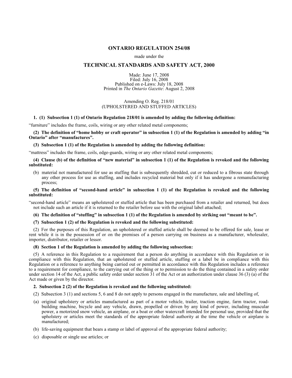 TECHNICAL STANDARDS and SAFETY ACT, 2000 - O. Reg. 254/08