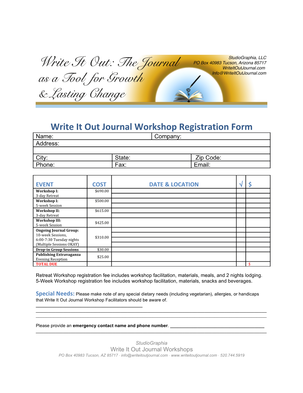 Write It out Journal Workshop Registration Form