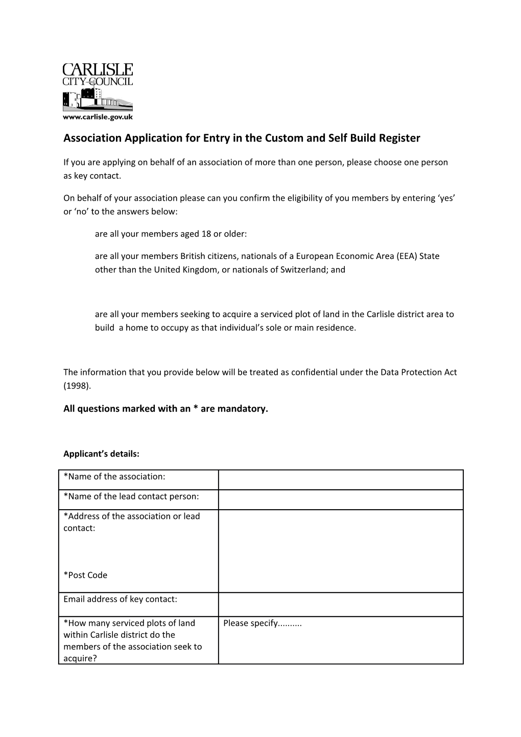 Association Application for Entry in the Custom and Self Build Register