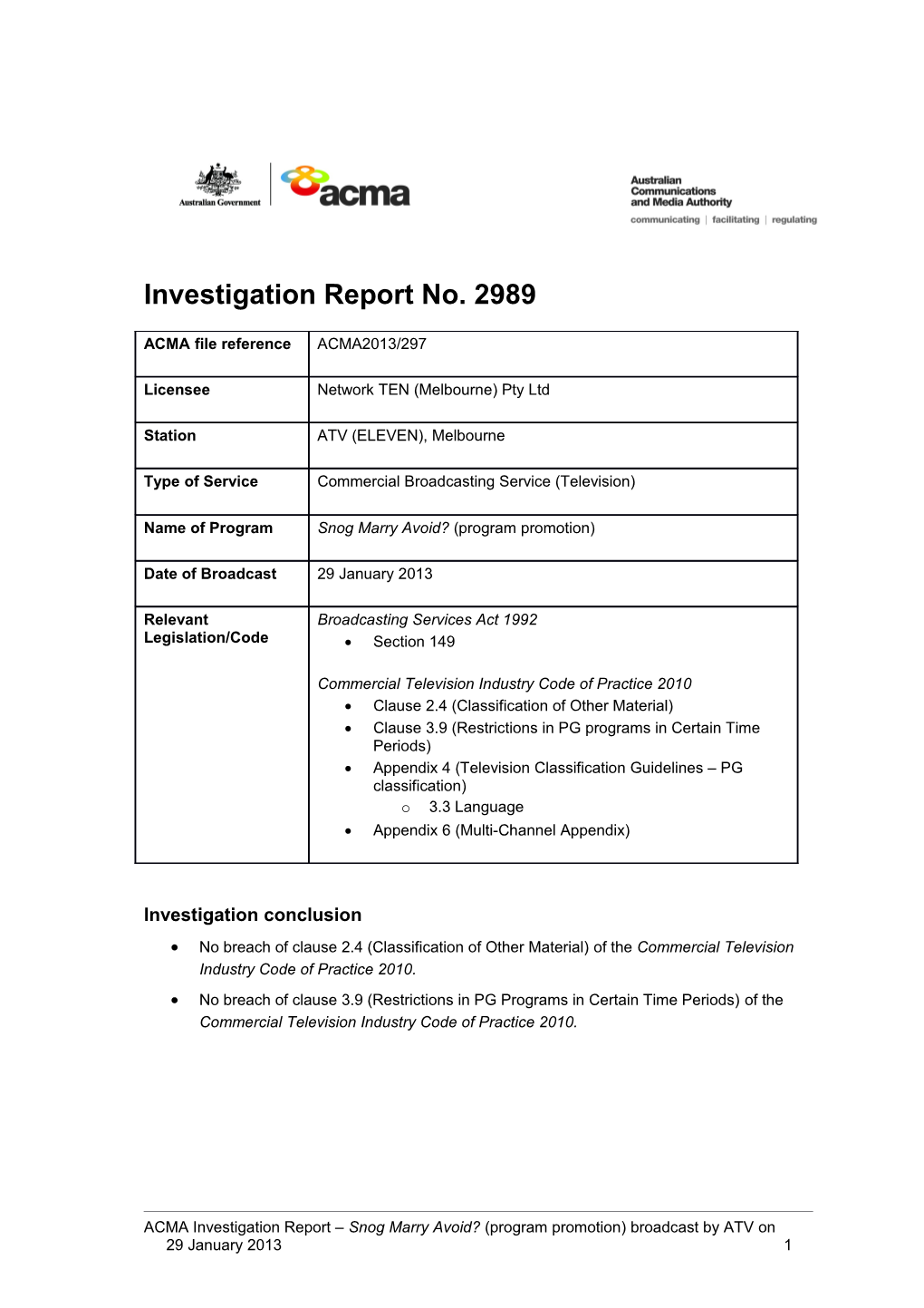 ATV (Eleven) - ACMA Investigation Report 2989
