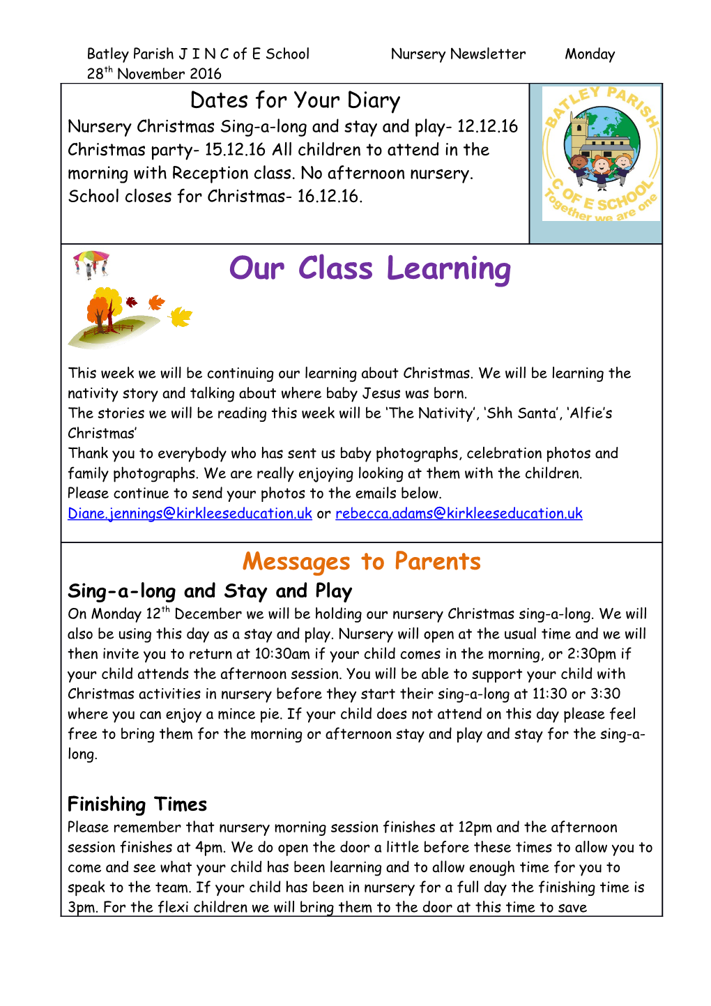 Batley Parish J I N C of E School Nursery Newsletter Monday 28Thnovember 2016