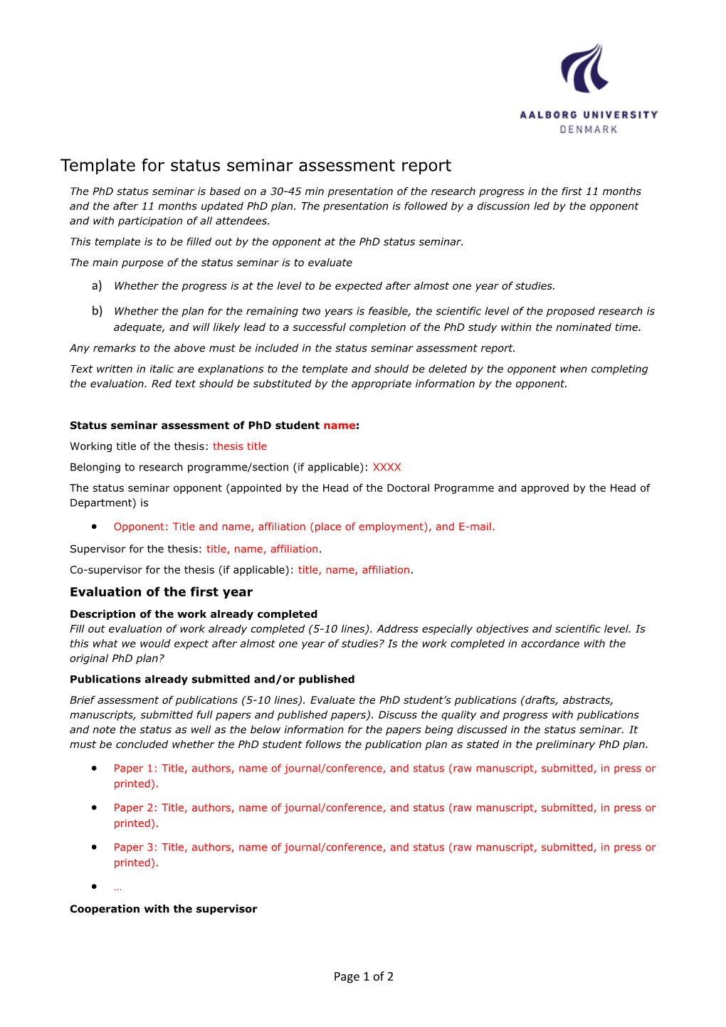 Template for Status Seminar Assessment Report