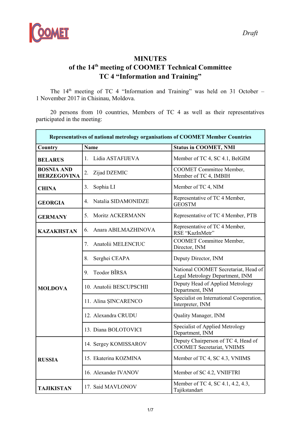 Of the 14Th Meeting of COOMET Technical Committee