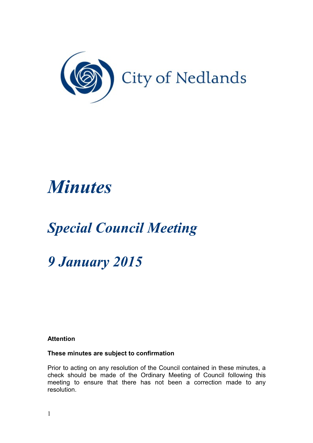 2015 Special Council Meeting Minutes- 9 January