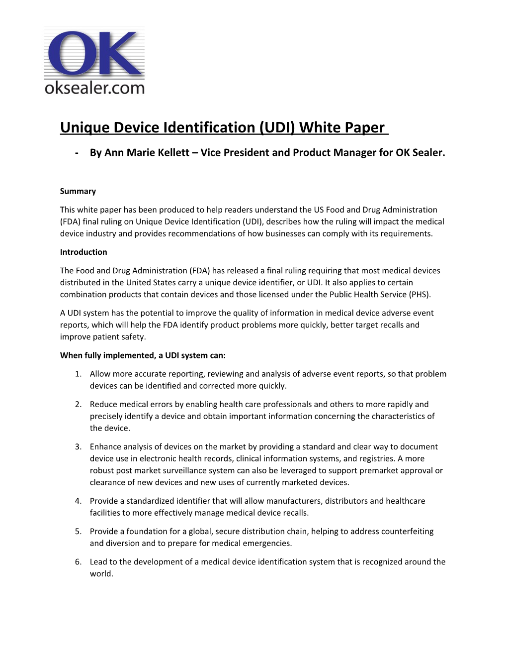 Unique Device Identification (UDI) White Paper