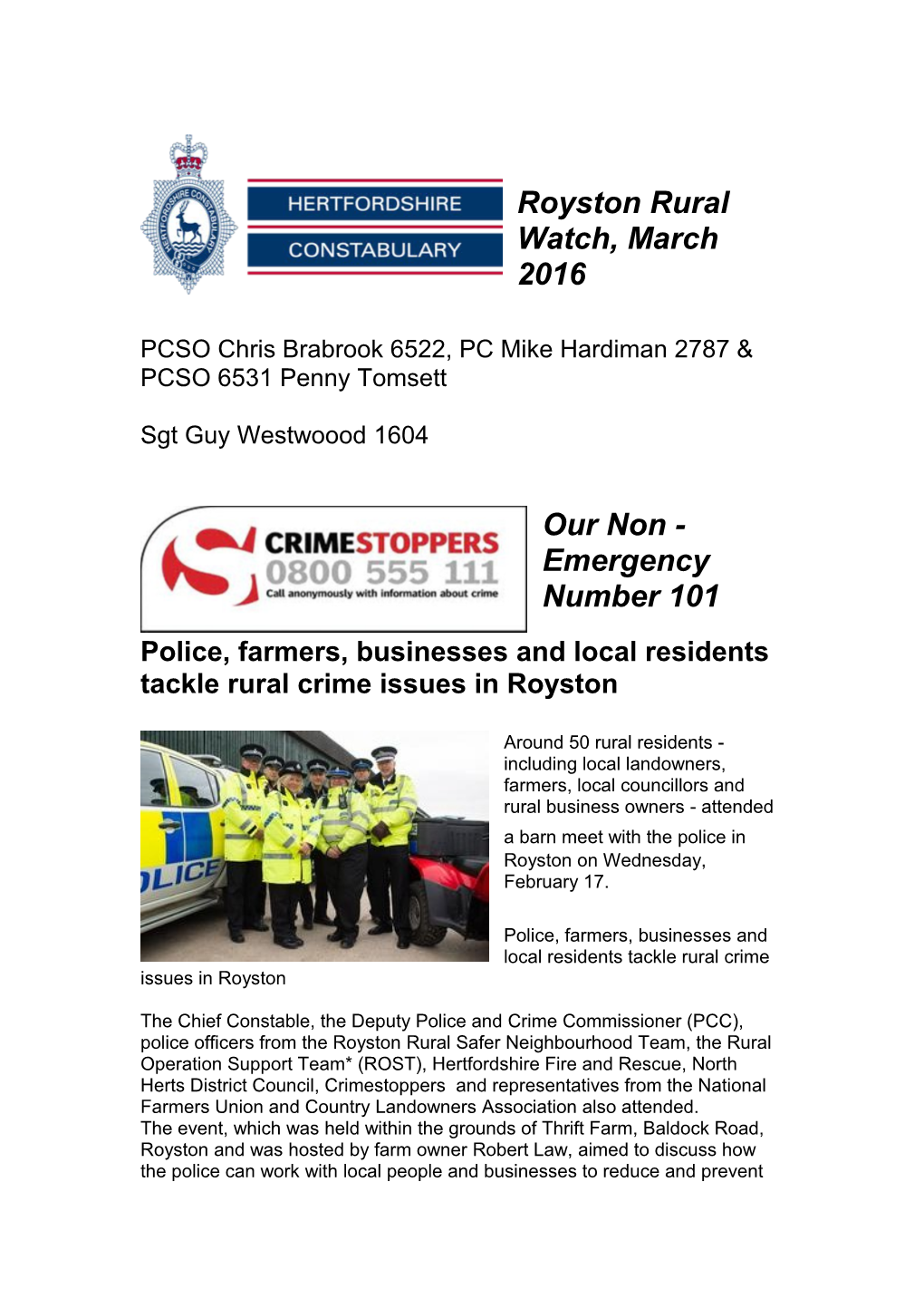 Royston Rural Watch, March 2016