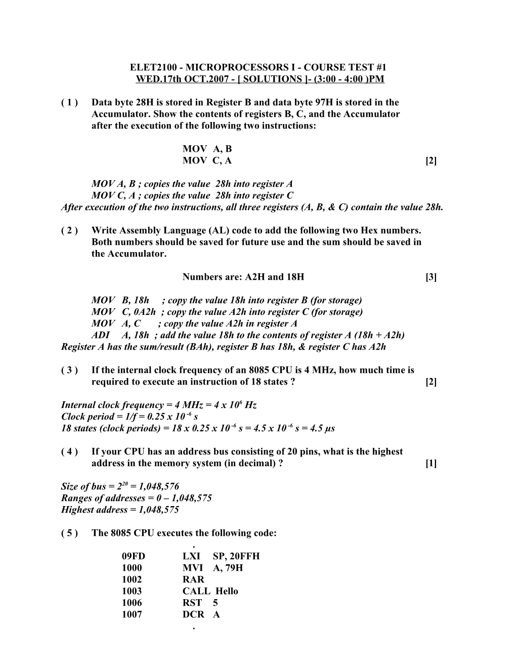 Elet2100- Microprocessors I - Course Test #1