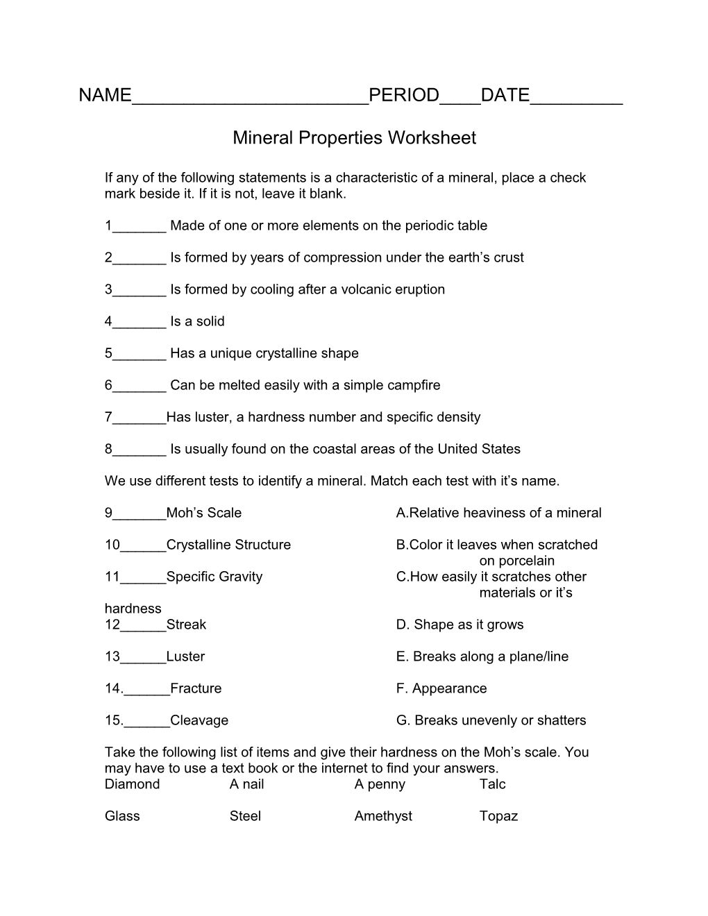 Mineral Properties Worksheet
