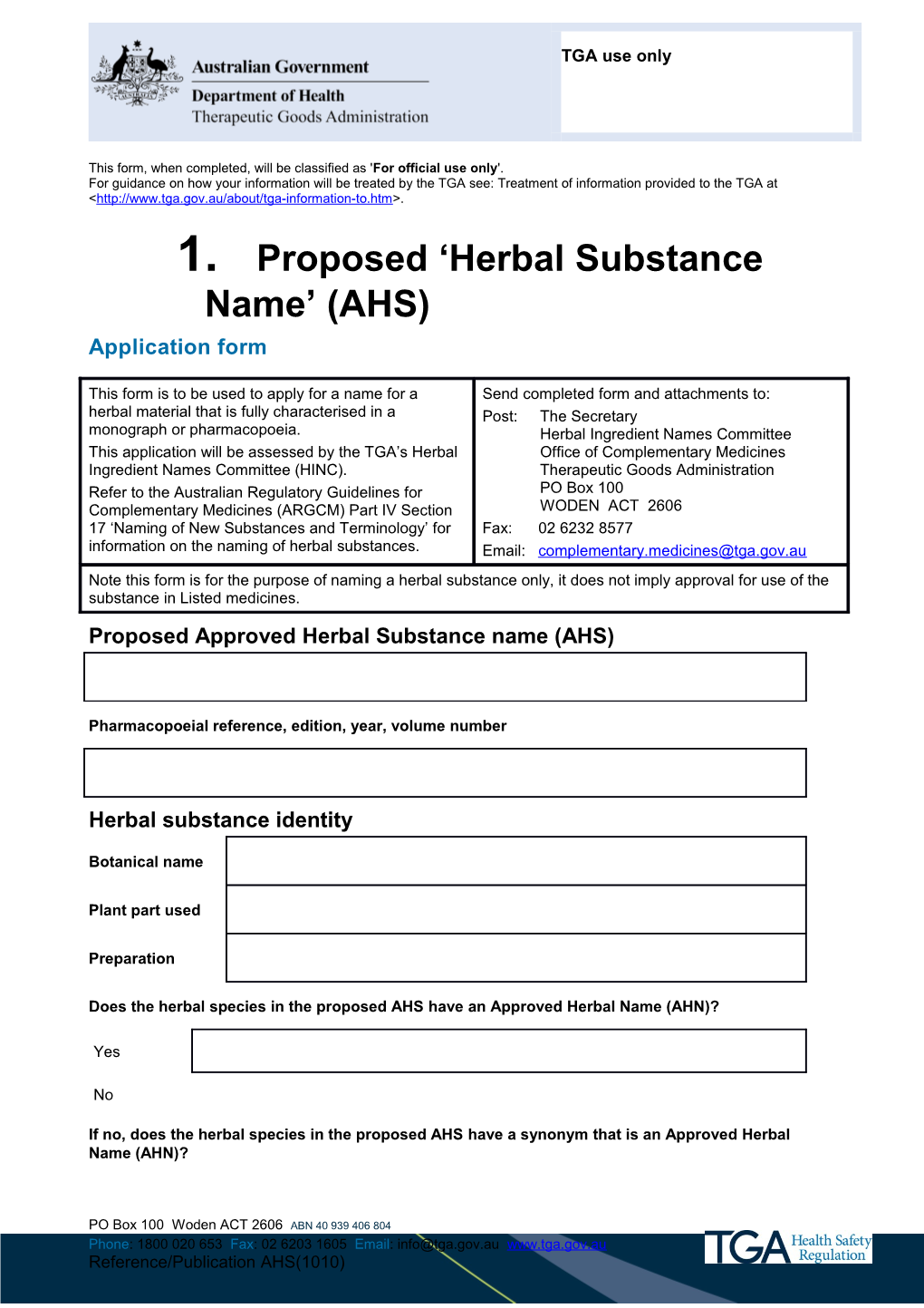 Proposed Herbal Substance Name (AHS) Application Form