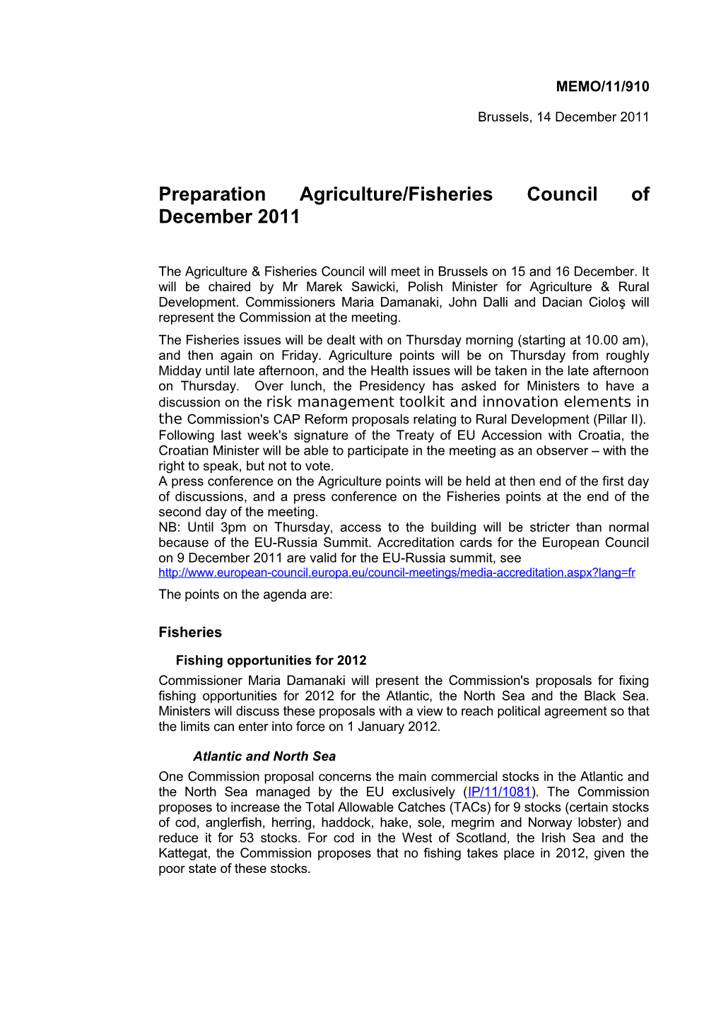 Preparation Agriculture/Fisheries Council of December 2011