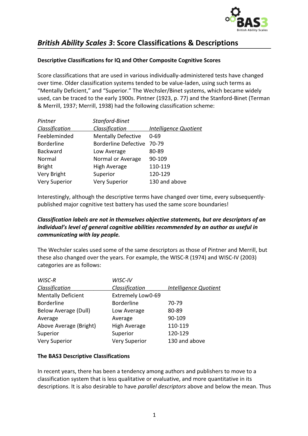 British Ability Scales 3:Score Classifications & Descriptions