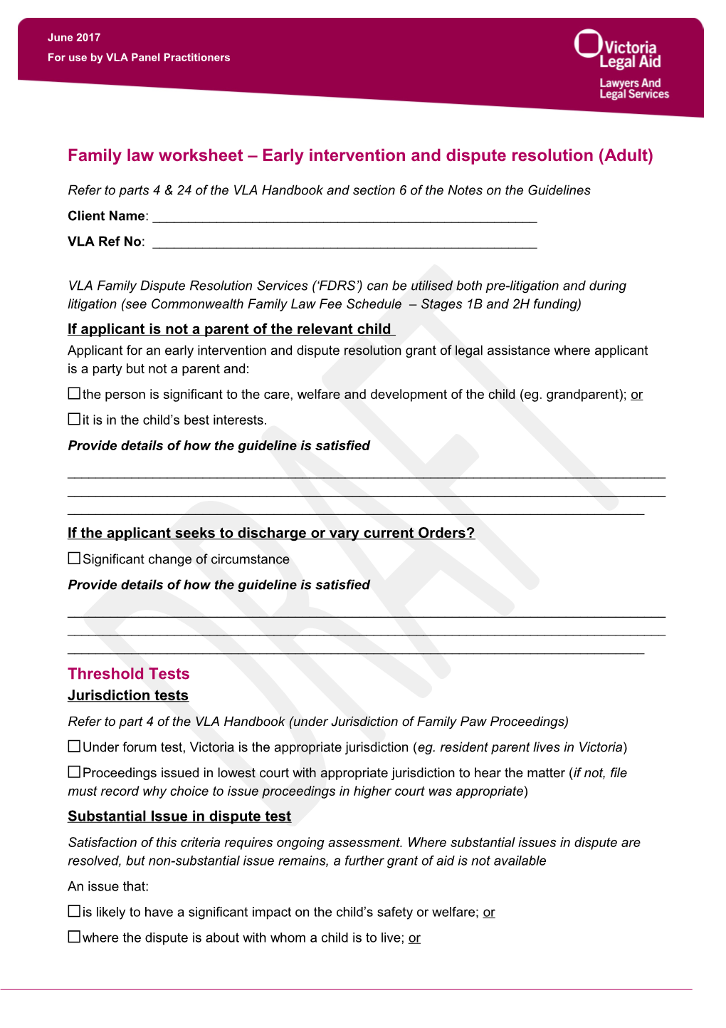 Family Lawworksheet Early Intervention and Dispute Resolution (Adult)