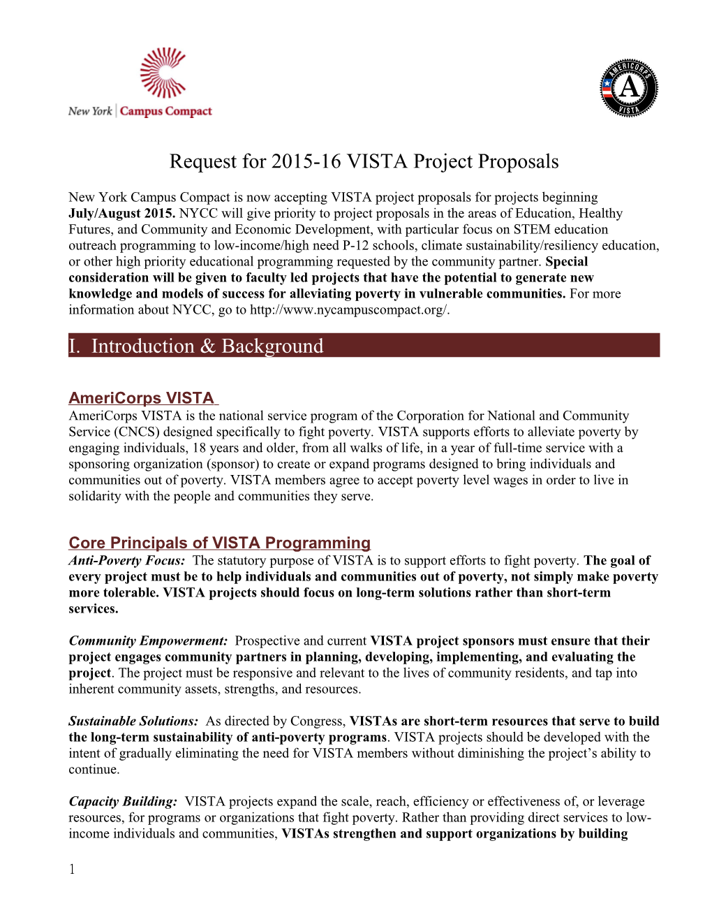 Request for 2015-16 VISTA Project Proposals