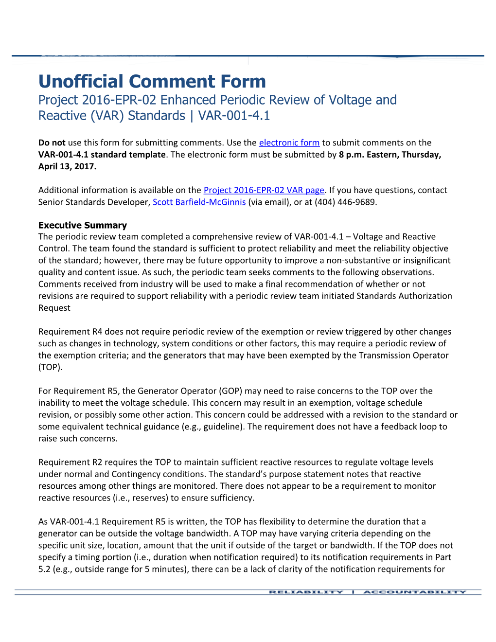 Project 2016-EPR-02 Unofficial Comment Form (Template VAR-001-4.1 Draft 1)