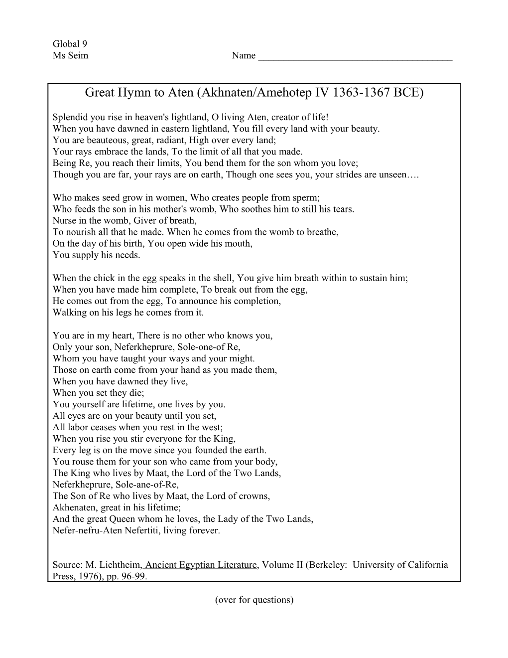 Great Hymn to Aten (Akhnaten/Amehotep IV 1363-1367 BCE)