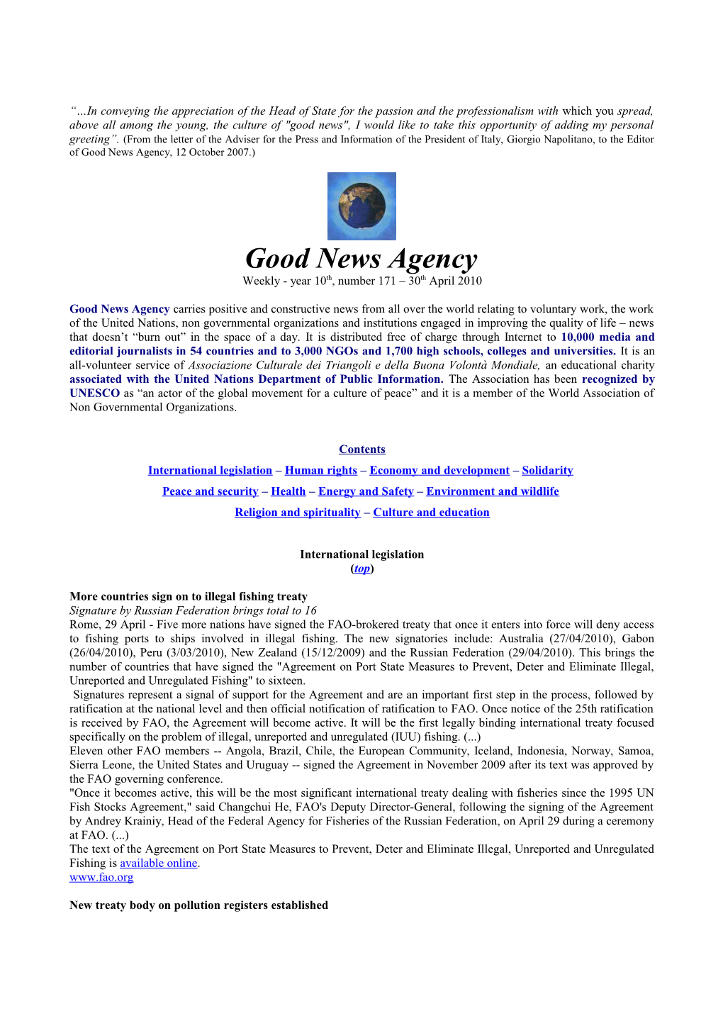 Good News Agency - Year 10Th, No.161 - 30 April 2010