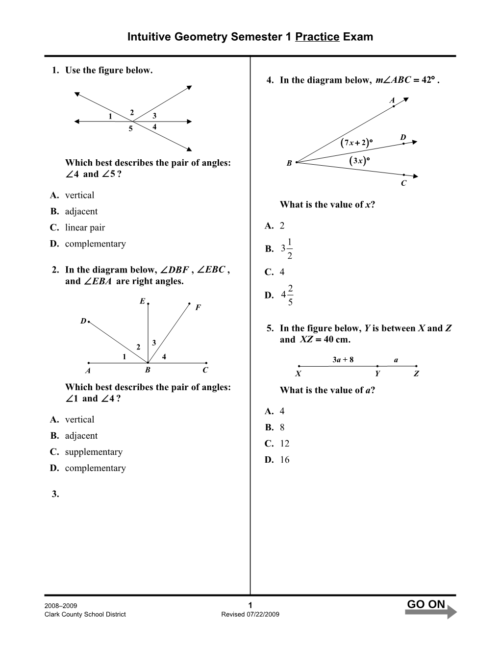 Intuitive Geometrysemester 1Practice Exam