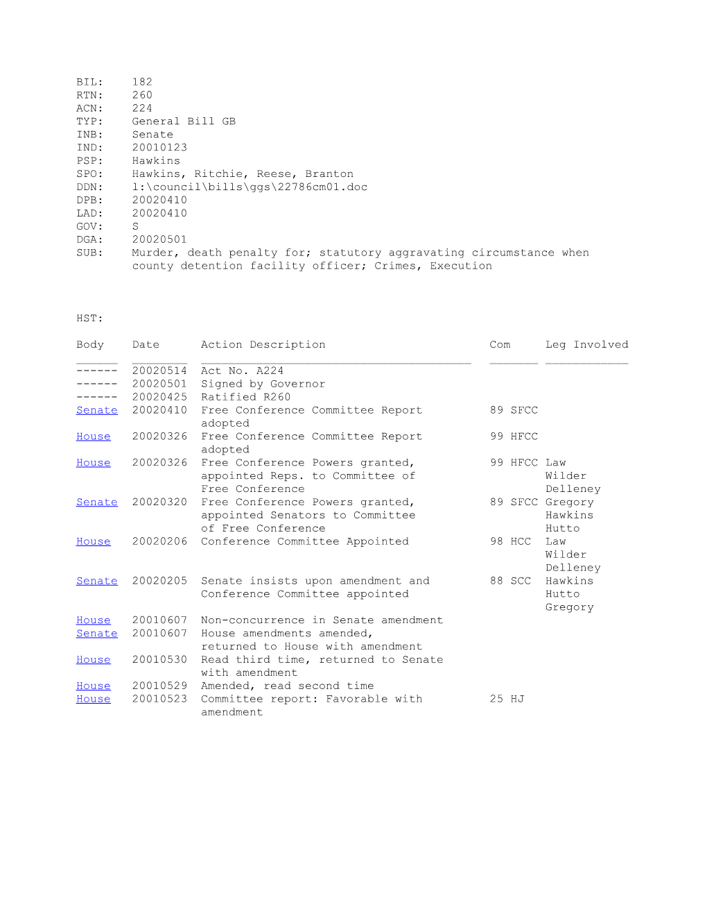 2001-2002 Bill 182: Murder, Death Penalty For; Statutory Aggravating Circumstance When