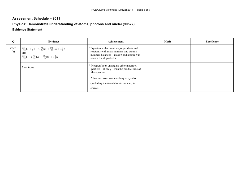 Level 3 Physics (90522) 2011 Assessment Schedule