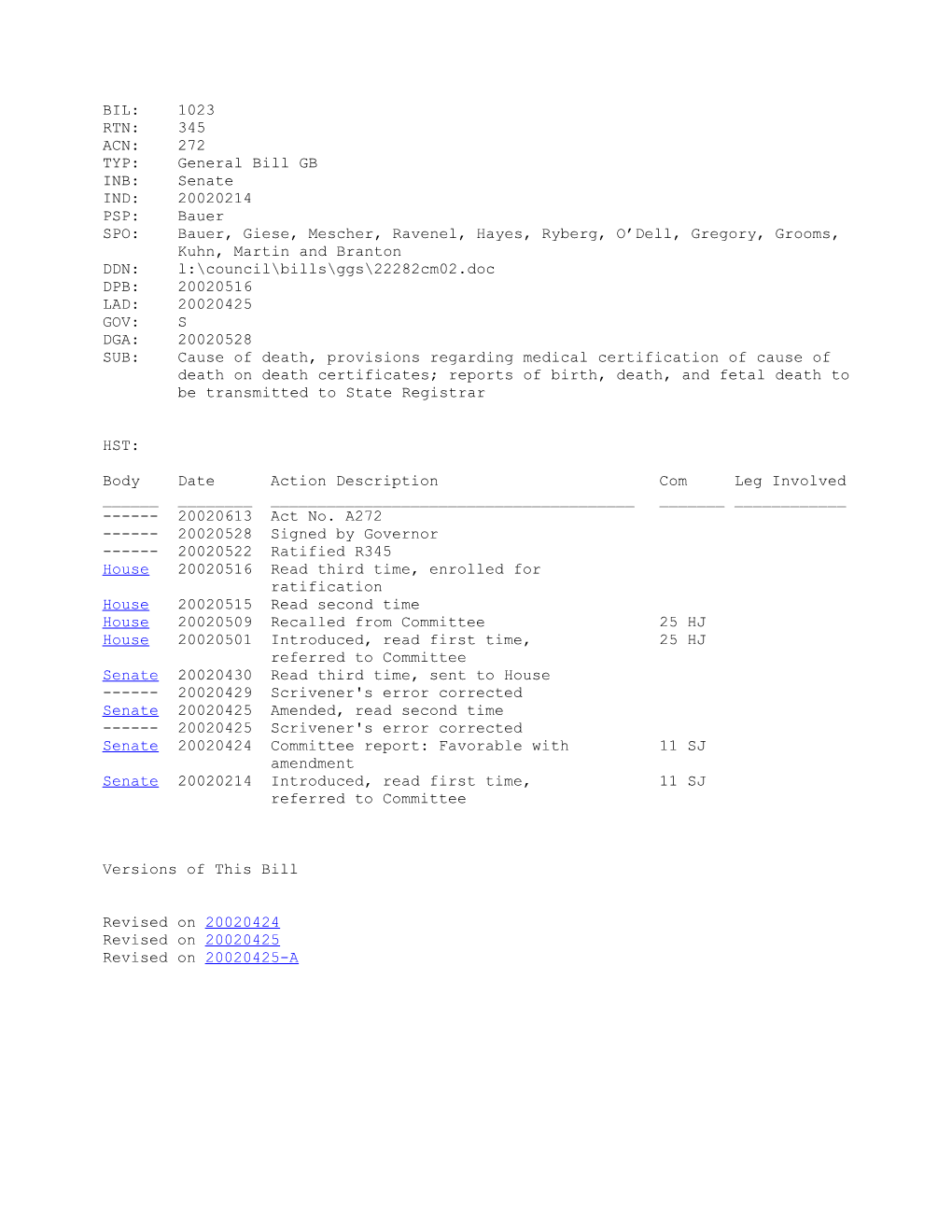 2001-2002 Bill 1023: Cause of Death, Provisions Regarding Medical Certification of Cause