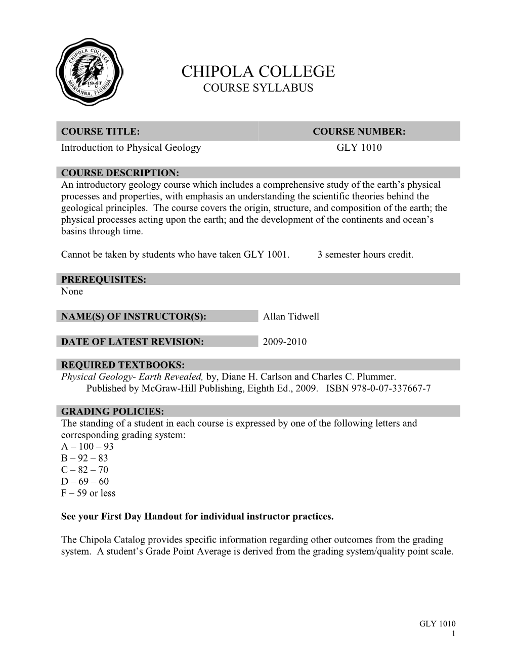 GLY 1010 Is a General Education Core Course in Area 2-Natural Science