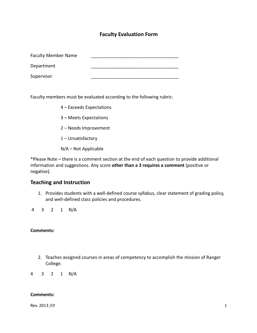 Faculty Evaluation Form