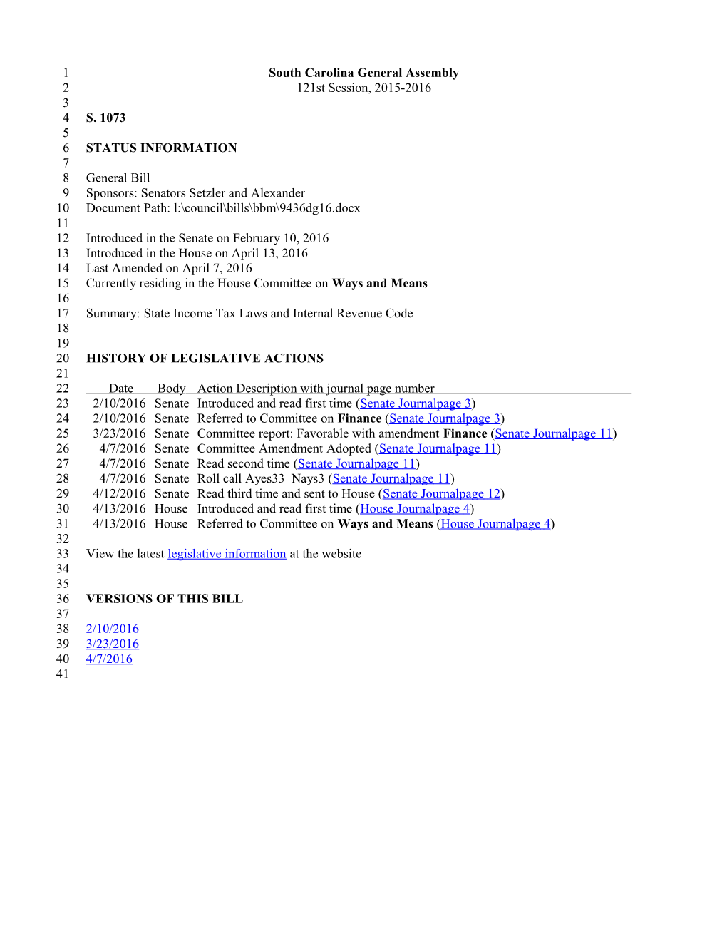 2015-2016 Bill 1073: State Income Tax Laws and Internal Revenue Code - South Carolina