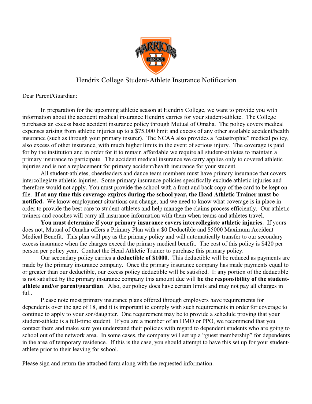 Hendrixcollege Student-Athlete Insurance Notification