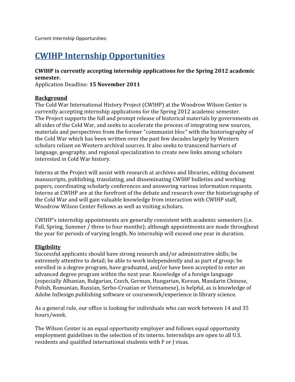 CWIHP Internship Opportunities