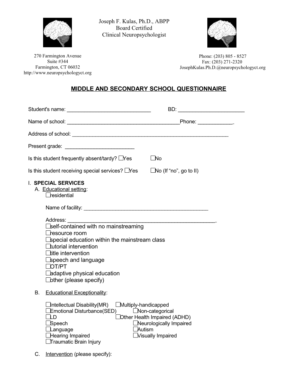 Middle and Secondary School Questionnaire