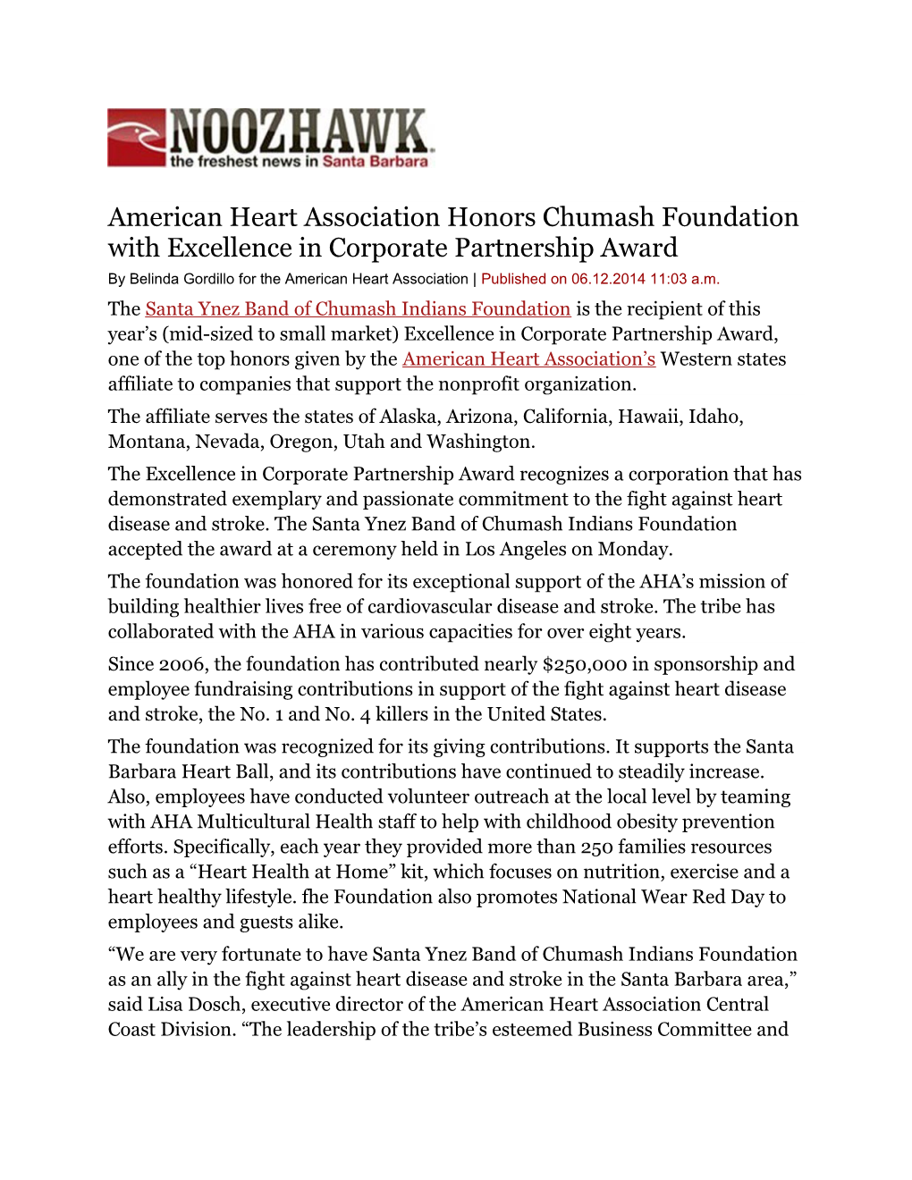 American Heart Association Honors Chumash Foundation with Excellence in Corporate Partnership