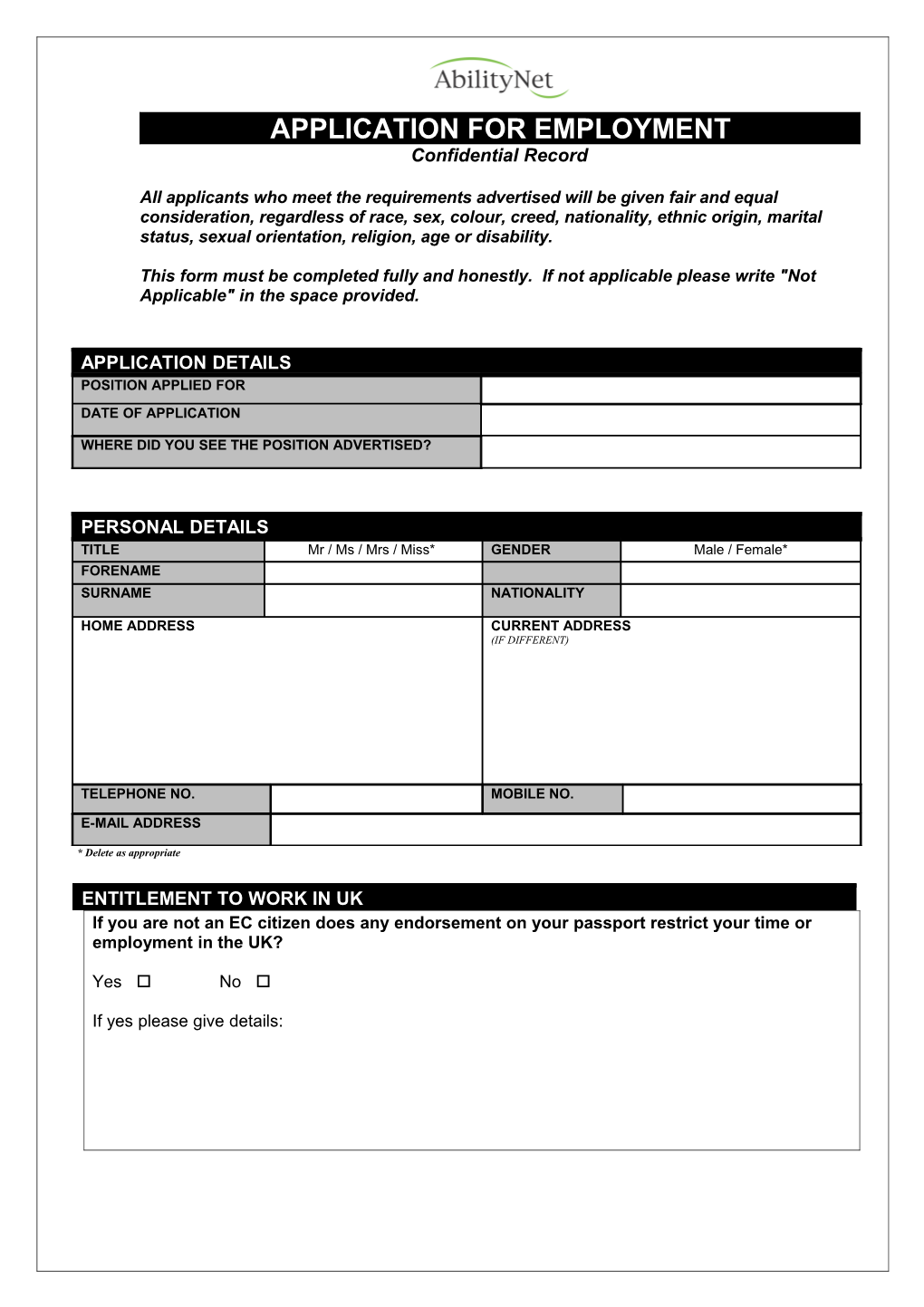Abilitynet Application Form
