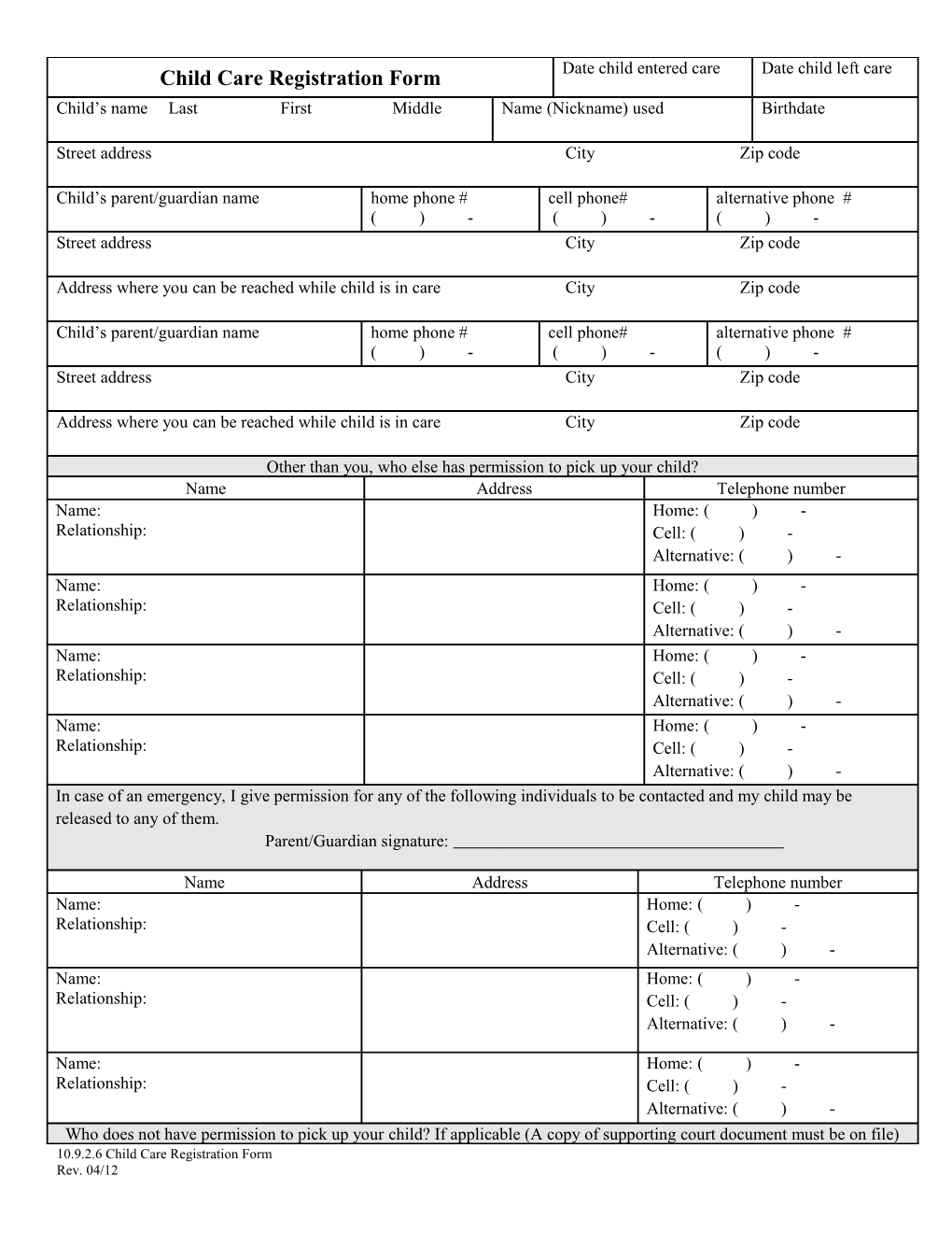 10.9.2.6 Child Care Registration Form