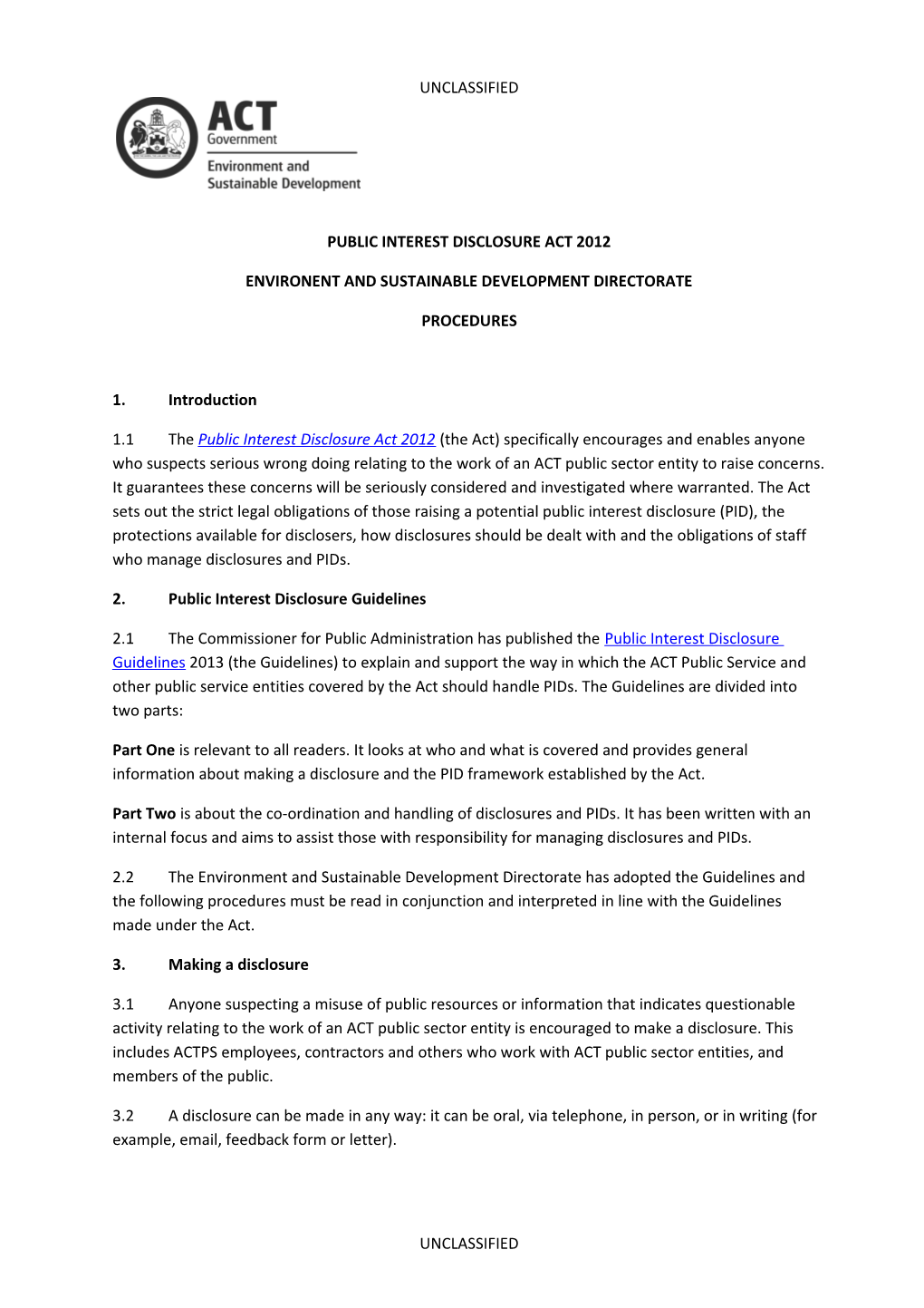 Environment and Sustainable Development Directorate Public Interest Disclosure Procedures