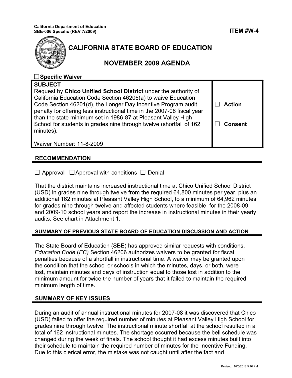 November 2009 Waiver Item W4 - Meeting Agendas (CA State Board of Education)