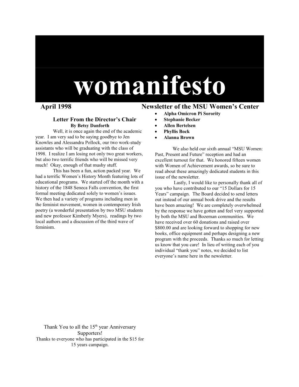 April 1998 Newsletter of the MSU Women S Center