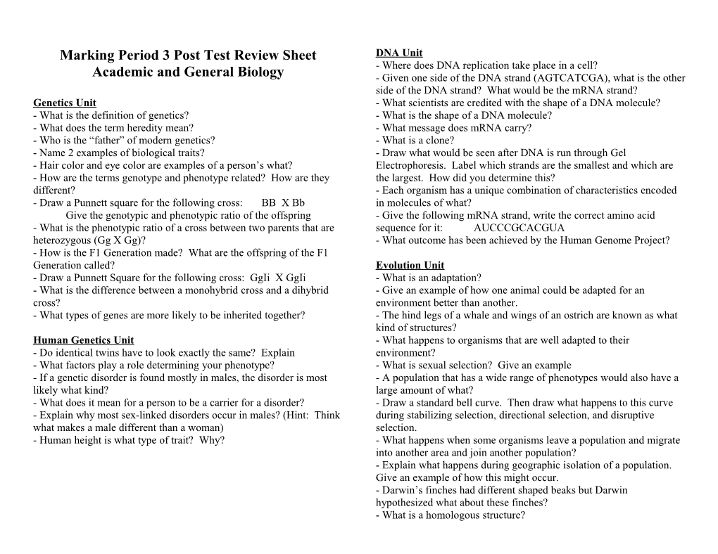 Marking Period 3 Post Test Review Sheet