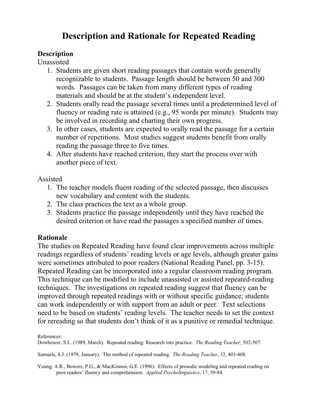 Description and Rationale for Repeated Reading