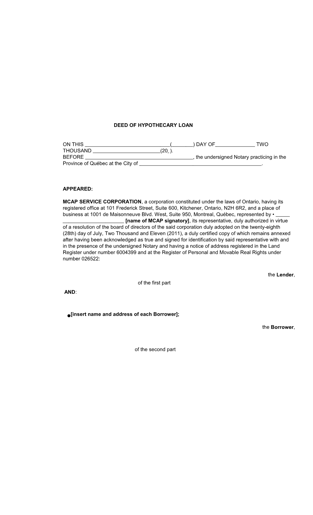 Deed of Hypothecary Loan